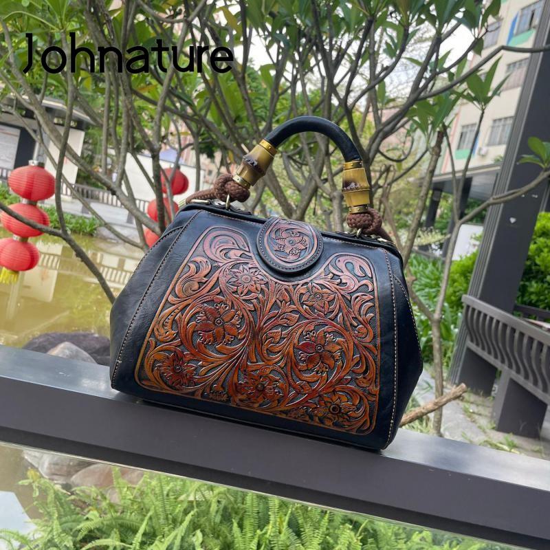 Johnature Luxury Handbag 2022 Autumn New Vintage Handmade Leather Carved Women Bag Versatile Female Shoulder &amp; Crossbody Bags - Executive-Skincare