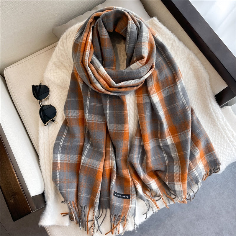 Luxury Plaid Scarf Winter Warm Cashmere Women Long Pashmina Foulard Female Scarves Lady Tassel Shawl Wraps 2022 Design New - Executive-Skincare