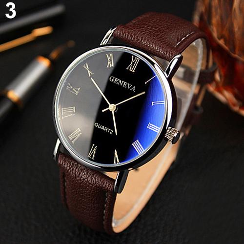 Men Watch Roman Numerals Blu-Ray Faux Leather Band Quartz Analog Business Wrist Watch - Executive-Skincare