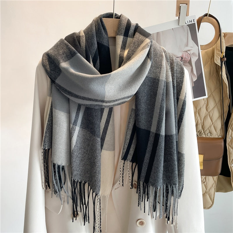 Luxury Plaid Scarf Winter Warm Cashmere Women Long Pashmina Foulard Female Scarves Lady Tassel Shawl Wraps 2022 Design New - Executive-Skincare