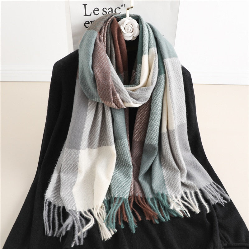 Luxury Plaid Scarf Winter Warm Cashmere Women Long Pashmina Foulard Female Scarves Lady Tassel Shawl Wraps 2022 Design New - Executive-Skincare