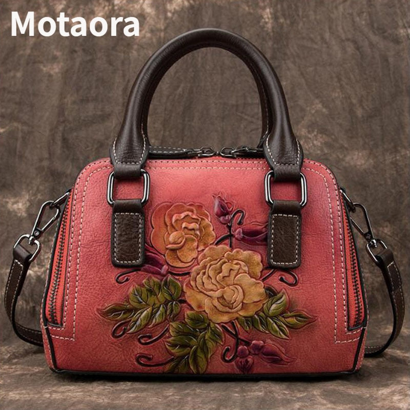 MOTAORA High Quality Retro Women Shoulder Bag For Ladies Messenger Bags Floral Embossed Woman Genuine Leather Handbag 2022 New - Executive-Skincare