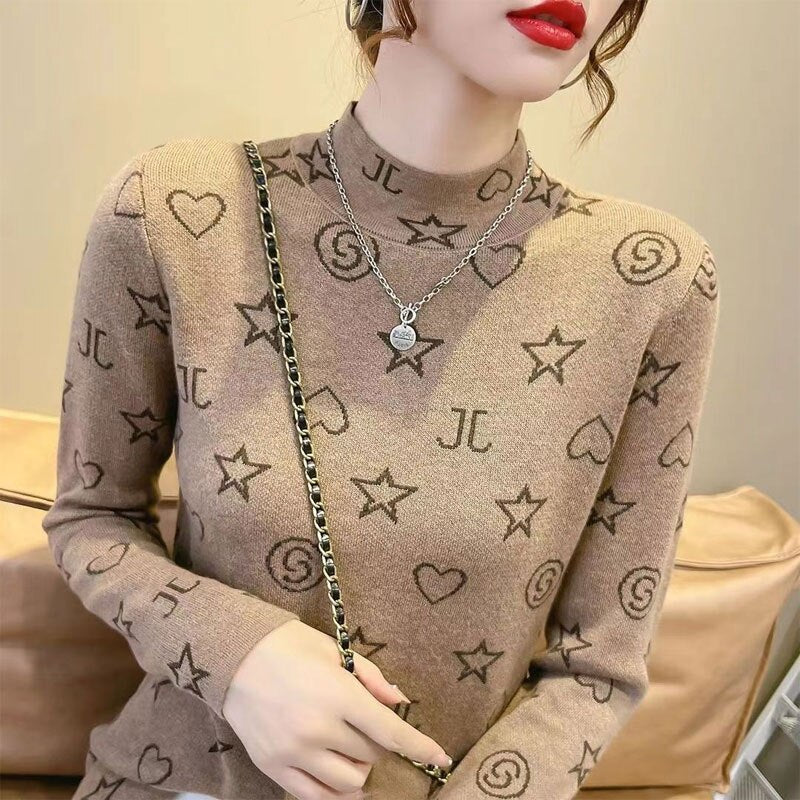 Half High Collar Sweaters Pullovers Women&#39;s Clothing Autumn Winter Fleece All-match Slim Jumpers Long Sleeve Tops Warm Pullovers - Executive-Skincare