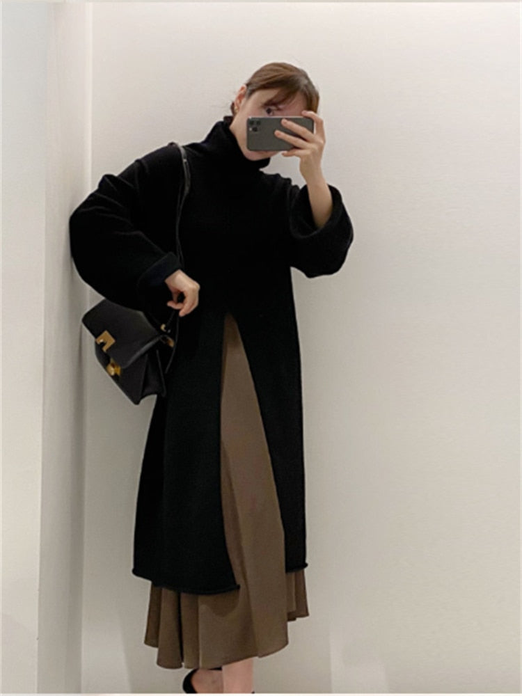 Women Dress Sweater Women Dress Thick Winter Fall Long Sleeve Knitted Dresses Maxi Vintage Oversize Knitting Turtleneck Black - Executive-Skincare