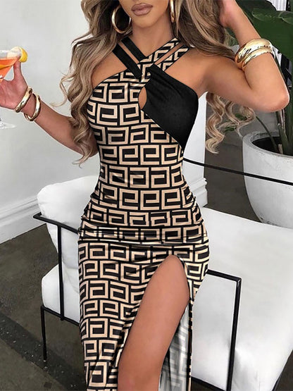 Patchwork Sexy Dress Women Summer Printed Sleeveless Ladies High Split Dress 2022 Hollow Out Elegant Holiday Streetwear Vestidos - Executive-Skincare