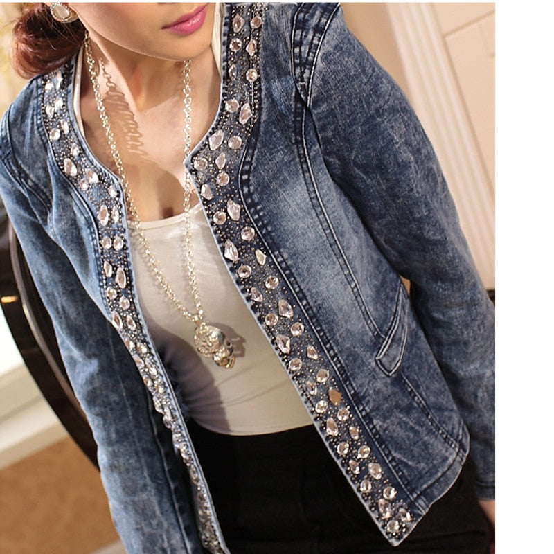 FMFSSOM New Spring Antumn Denim Jackets Vintage Diamonds Casual Coat Women's Denim Jacket Basis Tops Outerwear Jeans - Executive-Skincare