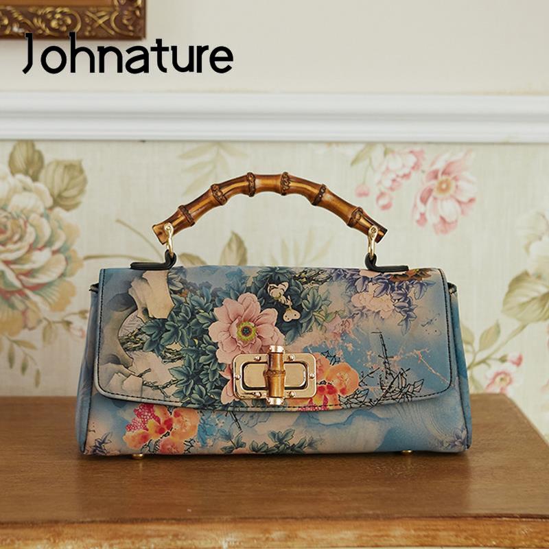 Johnature Cheongsam Leather Handbag 2022 New Vintage Print Women Bag Handmade Elegan Ladies Shoulder &amp; Crossbody Bags - Executive-Skincare