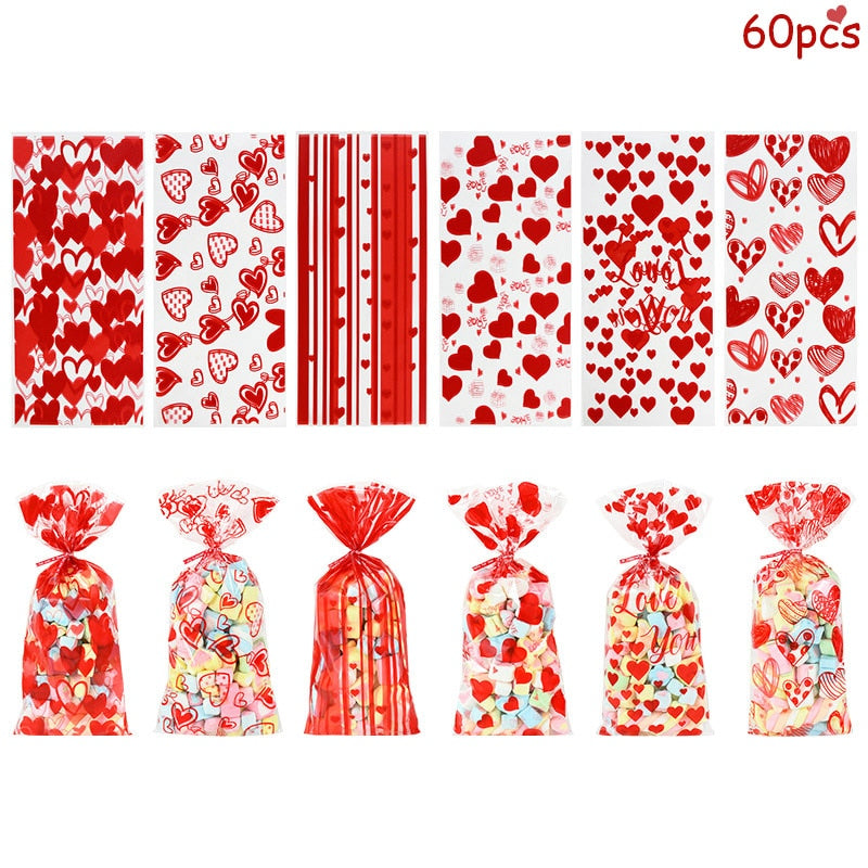 60pcs/lot Red Heart Love Design Candy Bag Plastic Transparent Cellophone Gift Bags For Valentine&#39;s Day Wedding Party Decoration - Executive-Skincare