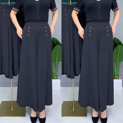 All-match Drape Button Solid Color Bigfoot Nine Point Jilt Trousers Female Summer Casual Pockets Loose Wide-legged Pants Skirt - Executive Quality Store