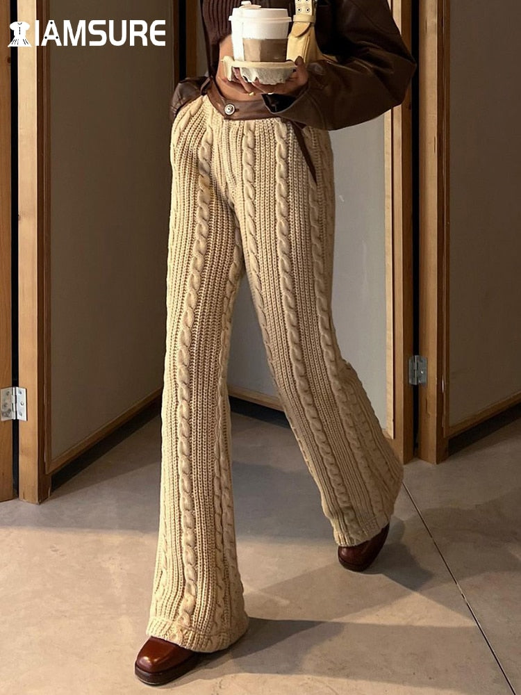 IAMSURE Loose Basic Solid Knitted Pants Casual High Waisted Wide Leg Pants Women'S Trousers 2021 Autumn Winter Capris Streetwear - Executive Quality Store