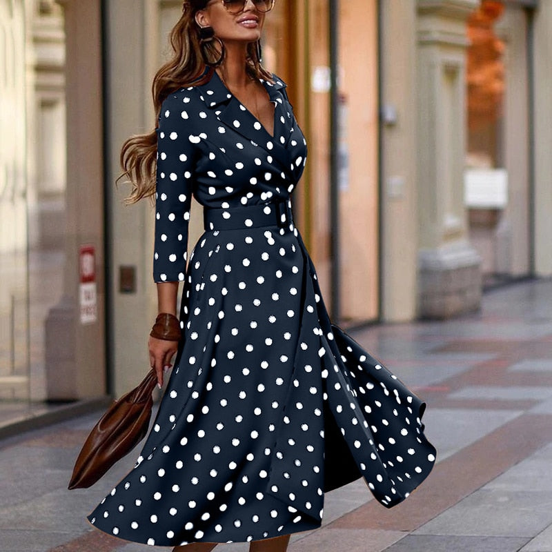 2022 Y2K Spring Autumn Women&#39;s Elegant Dress Fashion V-Neck Polka Dot Print Three-Quarter Sleeve Lace-Up Slit Midi Dress Vestido - Executive-Skincare