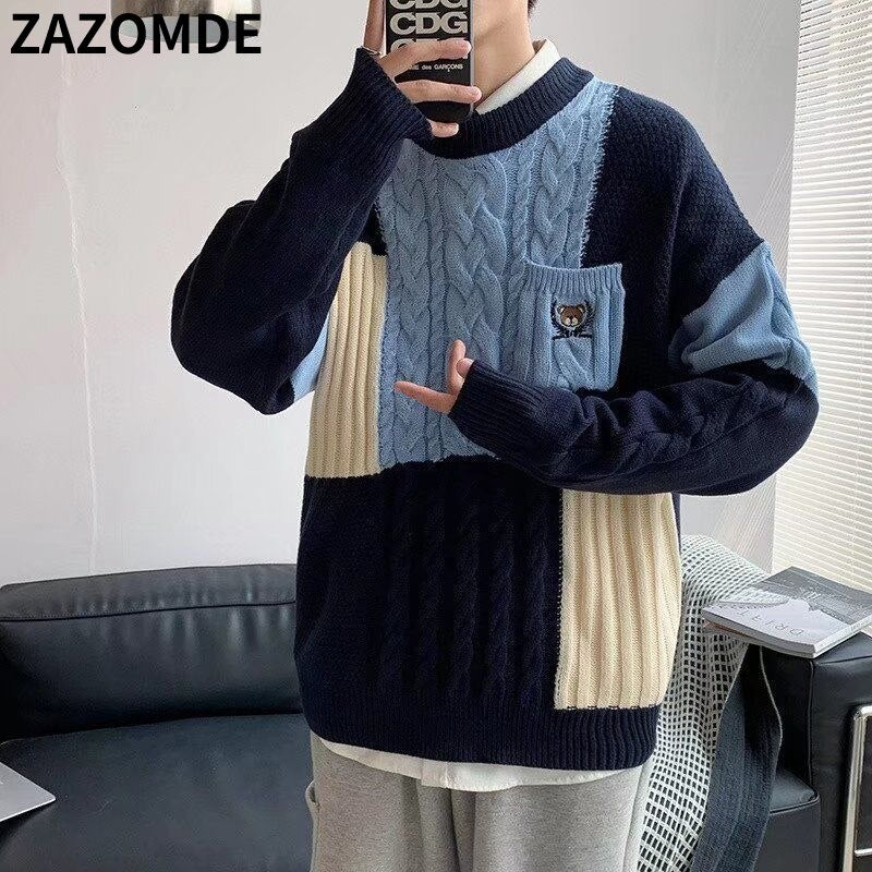 ZAZOMDE Winter Handsome Plaid Sweater Men Harajuku High Street Jumper Thick Warm Kintted Pullover Men Causal Patchwork Sweaters - Executive-Skincare