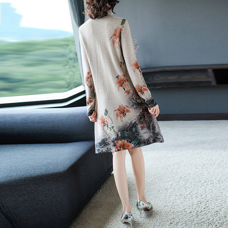 Vintage Elegant Floral Print Half High Collar Long Sleeve Ladies Dresses Autumn Women Fashion Loose Pullover Midi Dress Vestidos - Executive-Skincare