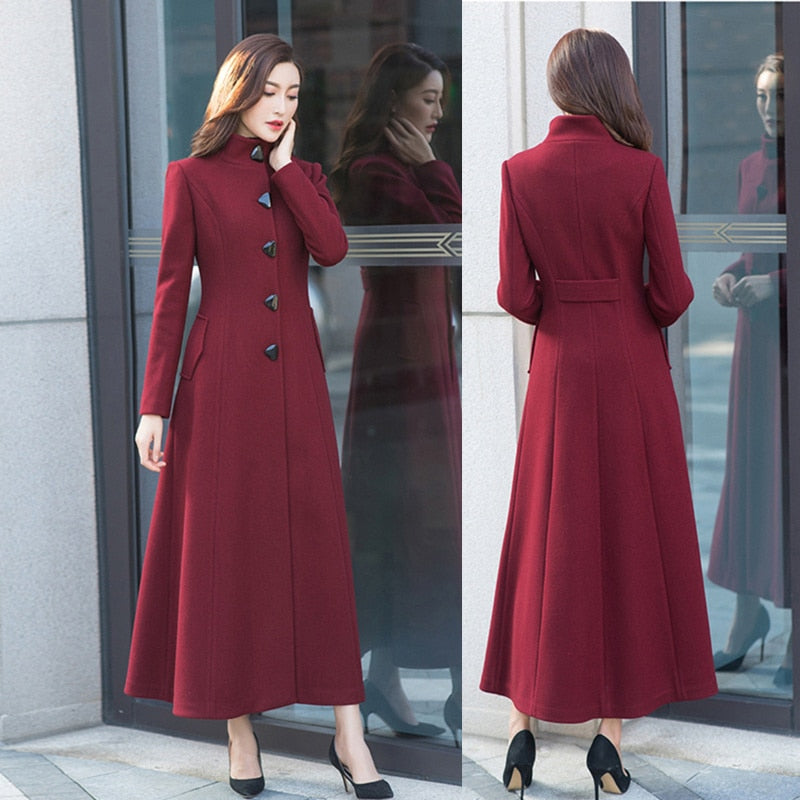 2021 Autumn And Winter Women&#39;s New Super Long Stand Collar Slim Waist Fashion Temperament Retro Triangle Buckle Woolen Coat - Executive-Skincare