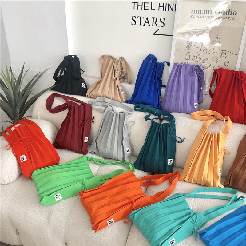 Female Wool Knitted Pleats Tote Organ Bag Designer Chic Stitching Contrast Korean Fashion Shoulder Shopper Handbag For Women - Executive-Skincare