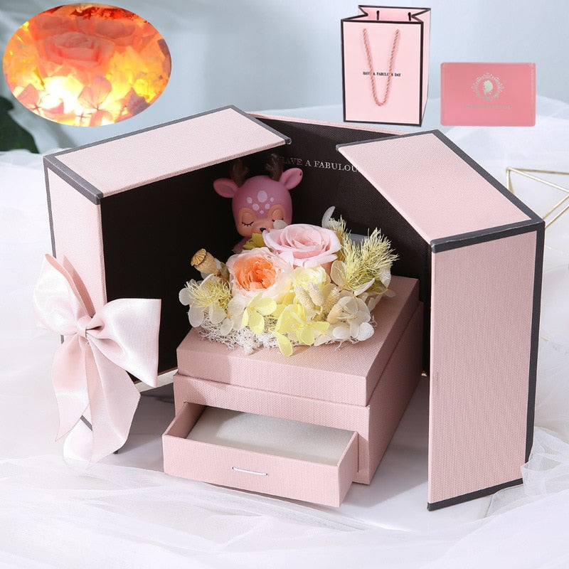 Luminous Preserved Flower Box Light Up Rose Bear Gift Box Artificial Flower Valentines Day Birthday Anniversary Girlfriend Gift - Executive-Skincare