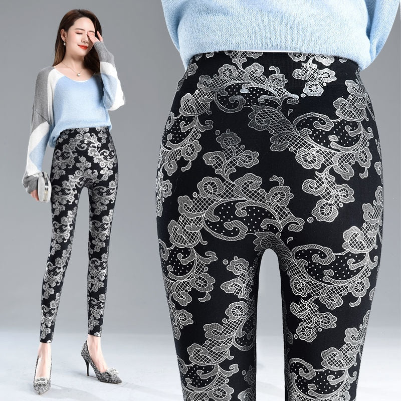 Autumn Winter Sequin Floral Women&#39;s Glitter Warm Velvet Leggings Pants High Waist Elastic Black Bottoms Pencil Trousers - Executive-Skincare