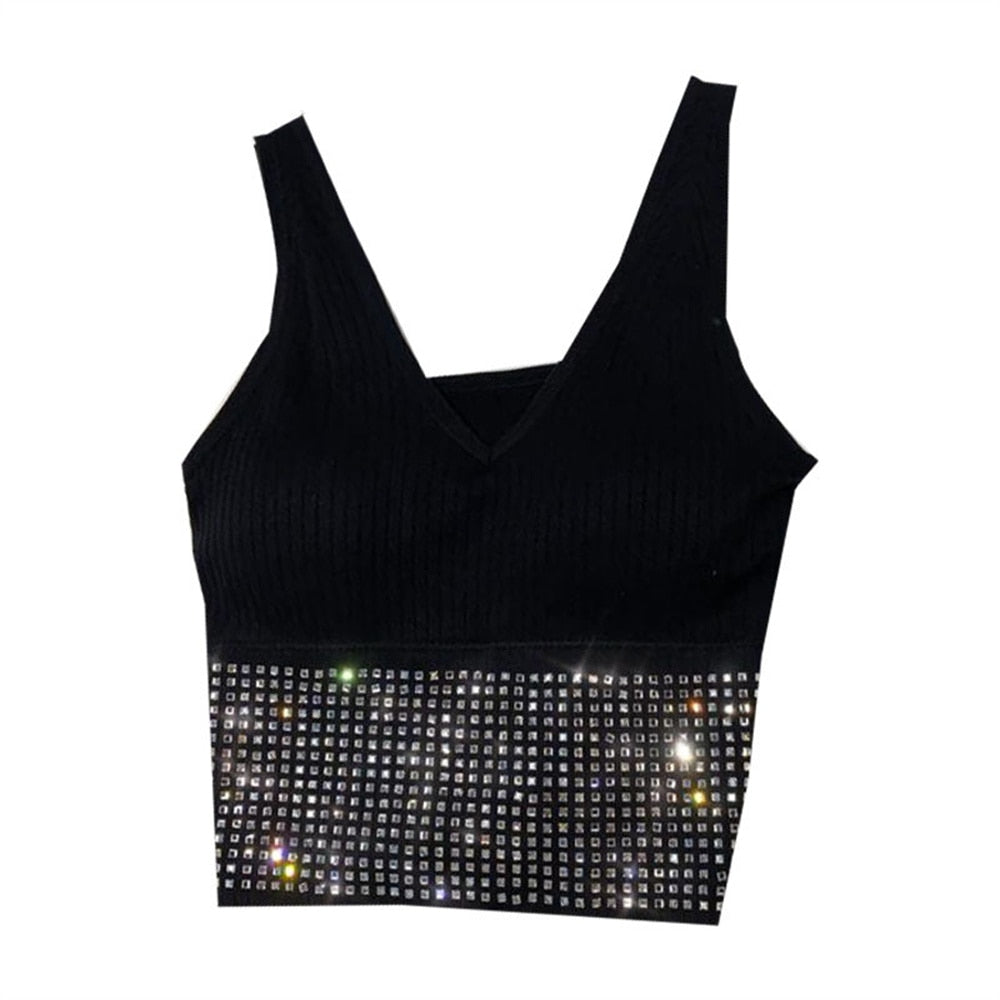 Summer Crop Top Women With Rhinestones O-neck Sleevelss Cropped Feminino Camisole Vest Sexy Knit Backness No Rims Tee Top Corset - Executive-Skincare