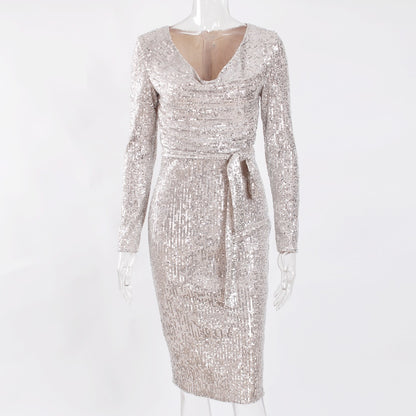 Sequined High Collar Midi Dress Elegant Long Sleeve Bodycon Tight Stretch Knee Length Party Dresses - Executive-Skincare