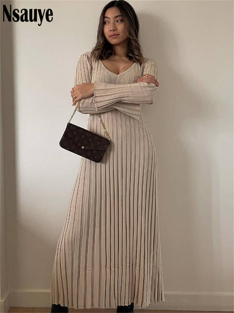 Nsauye Knitted Dresses For Women 2022 Autumn Winter Elegant Pleated Long Dresses Long Sleeve V Neck Casual Slim White Maxi Dress - Executive-Skincare