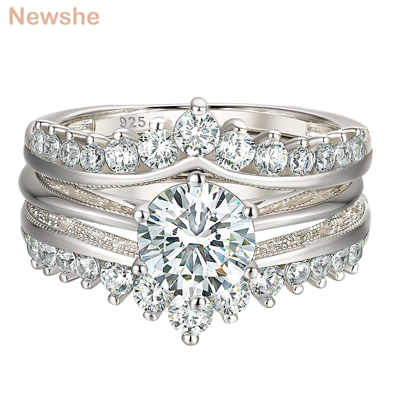 Newshe Luxury Solid 925 Sterling Silver Wedding Engagement Rings Set