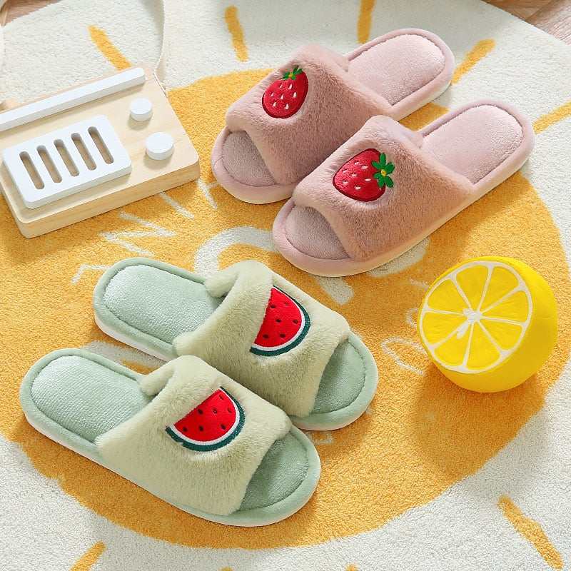 Winter Fur House Women Slippers Cute Cartoon Fruit Avocado Strawberry Bedroom Couples Shoes Warm Plush Ladies Furry Slides - Executive-Skincare