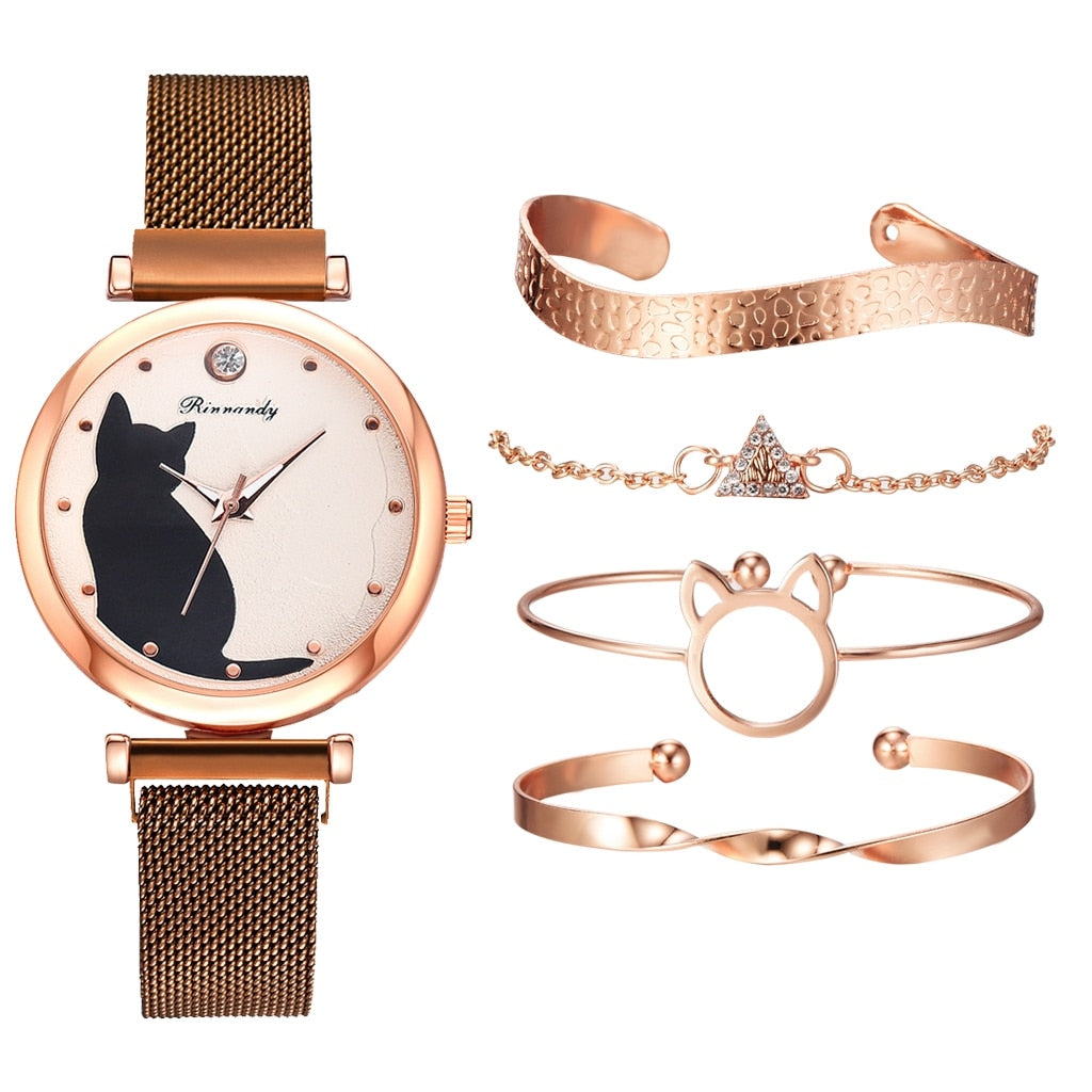 Fashion Watch Set Women 5pcs Quartz Wristwatch Mesh Bracelet Cat Dial Luxury Woman Watch Casual Ladies Clock Relogio Femenino - Executive-Skincare