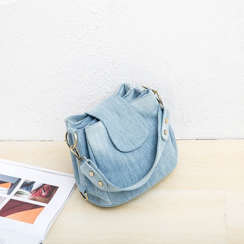 Casual Denim Bucket bag for women Shoulder Crossbody Bag Multiple pockets  ladies handbag Luxury design Female big Totes blue - Executive-Skincare