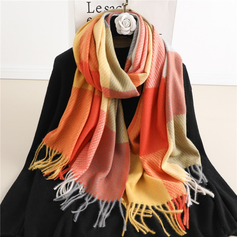 Luxury Plaid Scarf Winter Warm Cashmere Women Long Pashmina Foulard Female Scarves Lady Tassel Shawl Wraps 2022 Design New - Executive-Skincare