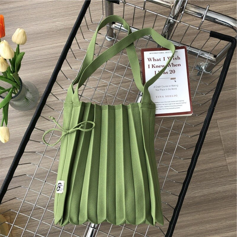 Female Wool Knitted Pleats Tote Organ Bag Designer Chic Stitching Contrast Korean Fashion Shoulder Shopper Handbag For Women - Executive-Skincare