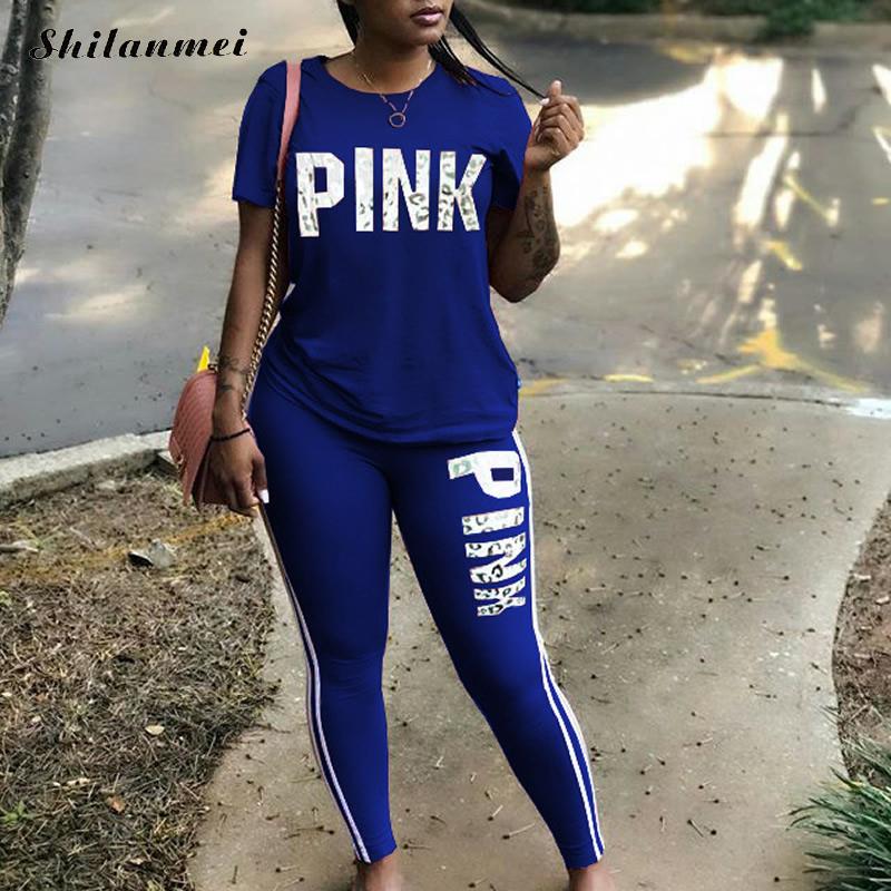 2022 New Tracksuit For Women Pink Letter Print Two Piece Sets Casual 2 PCS Outfits Short Sleeve T Shirt Pants Suits Matching Set - Executive Quality Store