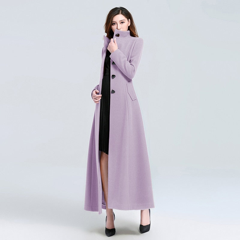 2021 Autumn And Winter Women&#39;s New Super Long Stand Collar Slim Waist Fashion Temperament Retro Triangle Buckle Woolen Coat - Executive-Skincare