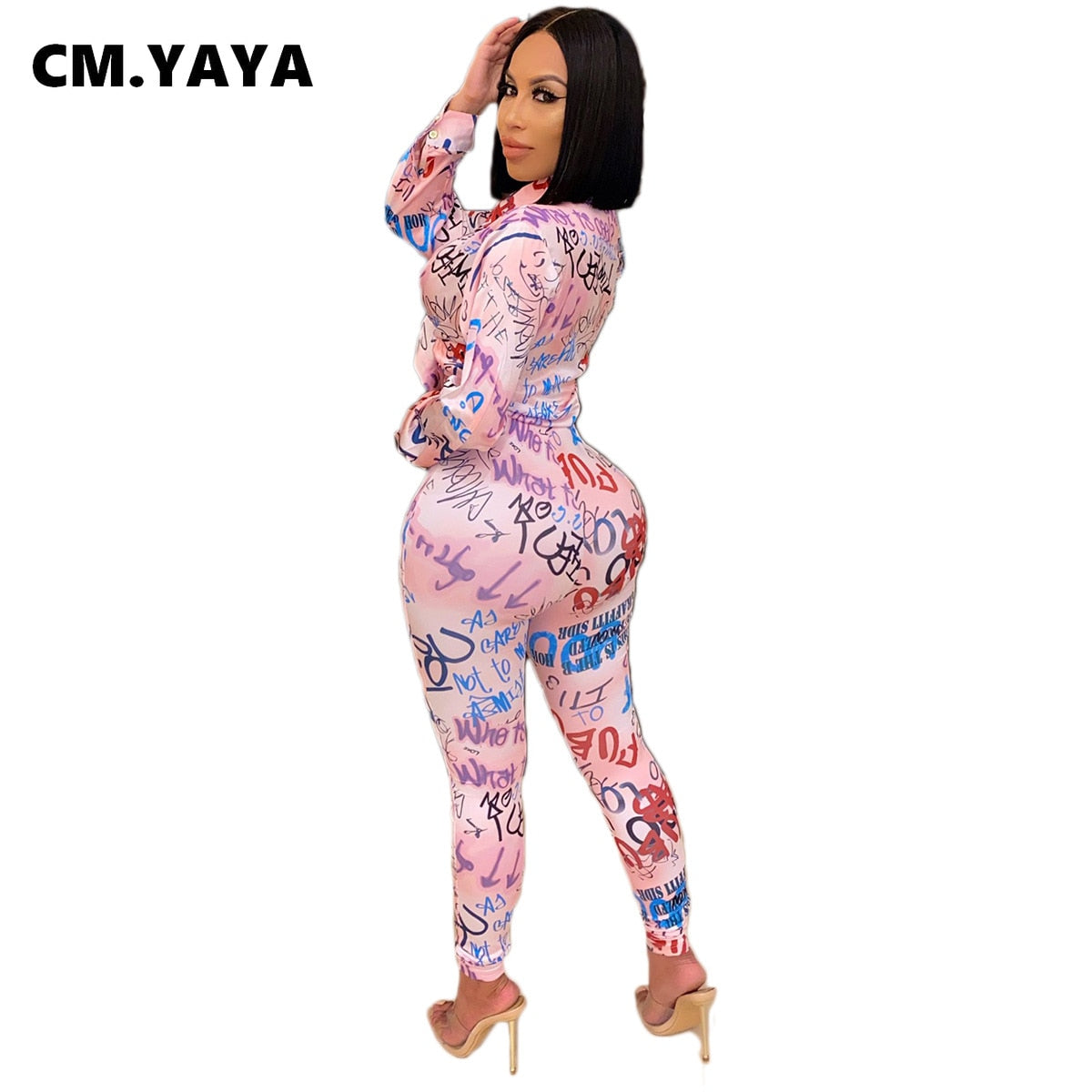 CM.YAYA Autumn Letter Leaf Print Women&#39;s Set Blouses Shirt Legging Pants Suit Active Wear Tracksuit Two Piece Set Fitness Outfit - Executive Quality Store