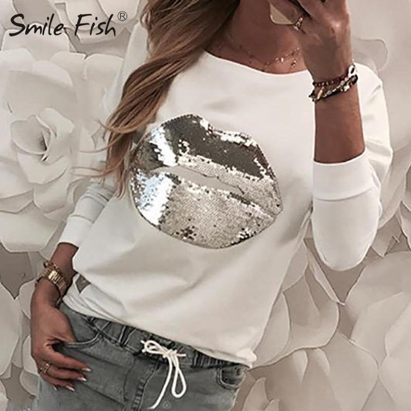 Spring Women Tops Hot Sequined Lip T-shirts Black White Casual Tee Shirt Femme O-neck Long Sleeve Tshirts   G1113 - Executive-Skincare