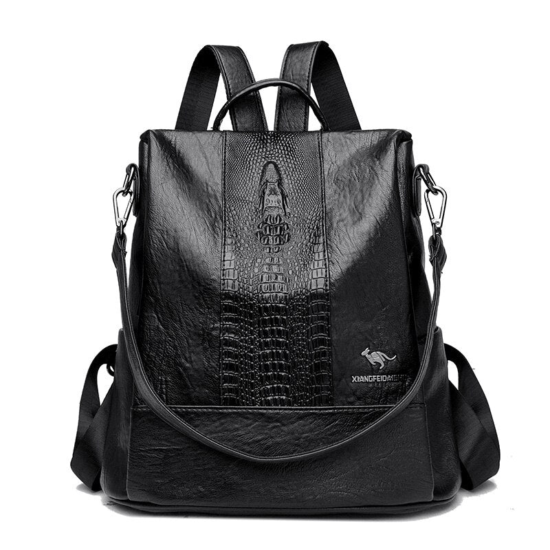 High Quality Soft Leather Ladies Backpack Fashion Crocodile Pattern Women&#39;s School Bag Solid Color Retro Casual Travel Backpacks - Executive-Skincare