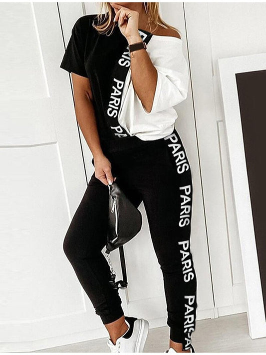 Off Shoulder Tracksuit Women Two Piece Set Summer Clothes Letter Print Colorblock Tshirt Top Long Pants Suit Women Set Outfits - Executive-Skincare