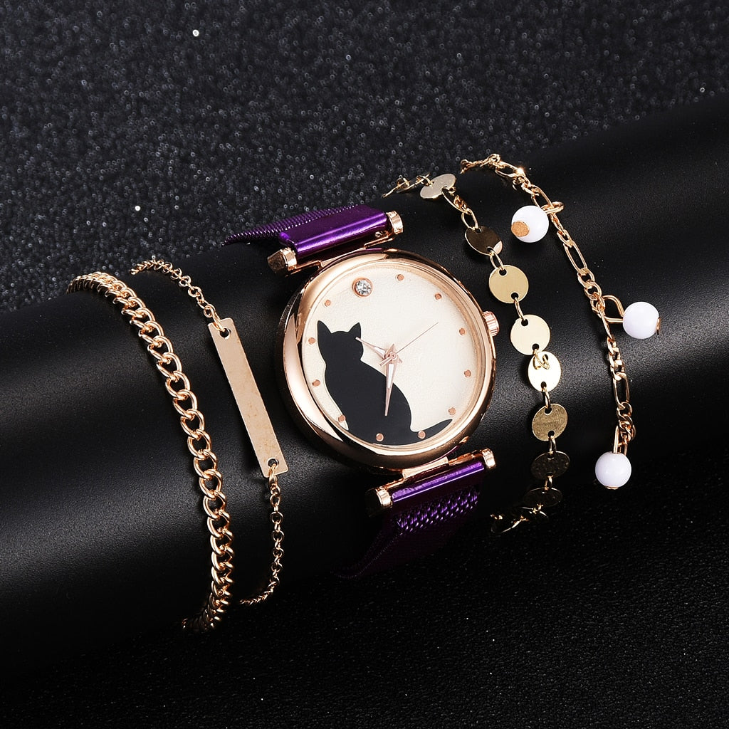 Fashion Watch Set Women 5pcs Quartz Wristwatch Mesh Bracelet Cat Dial Luxury Woman Watch Casual Ladies Clock Relogio Femenino - Executive-Skincare