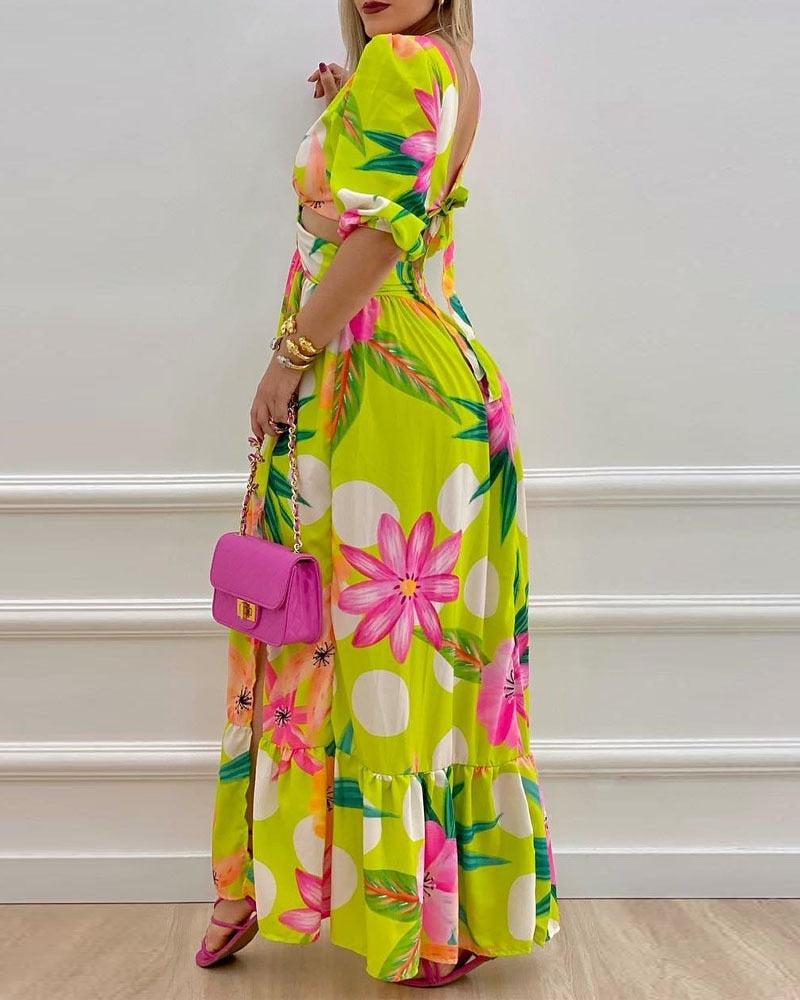 2022 Spring Women Long Sleeved Cutout V-Neck Twist Summer Elegant Tie Dyed Floral Printed Lantern Sleeve Split Thigh Maxi Dress - Executive-Skincare