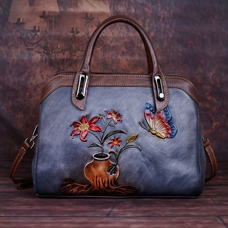 Genuine Embossed Leather Handbag Women High Quality Messenger Shoulder Cross body Bags Female Luxury Floral Vintage Tote Bag - Executive-Skincare