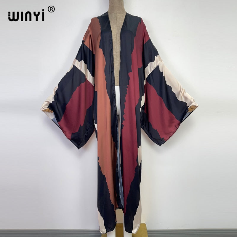 European 2022 WINYI Women Cardigan Loose Long Dress Cocktail Party Boho Maxi beach Holiday Batwing Sleeve kimono Robe dress - Executive-Skincare