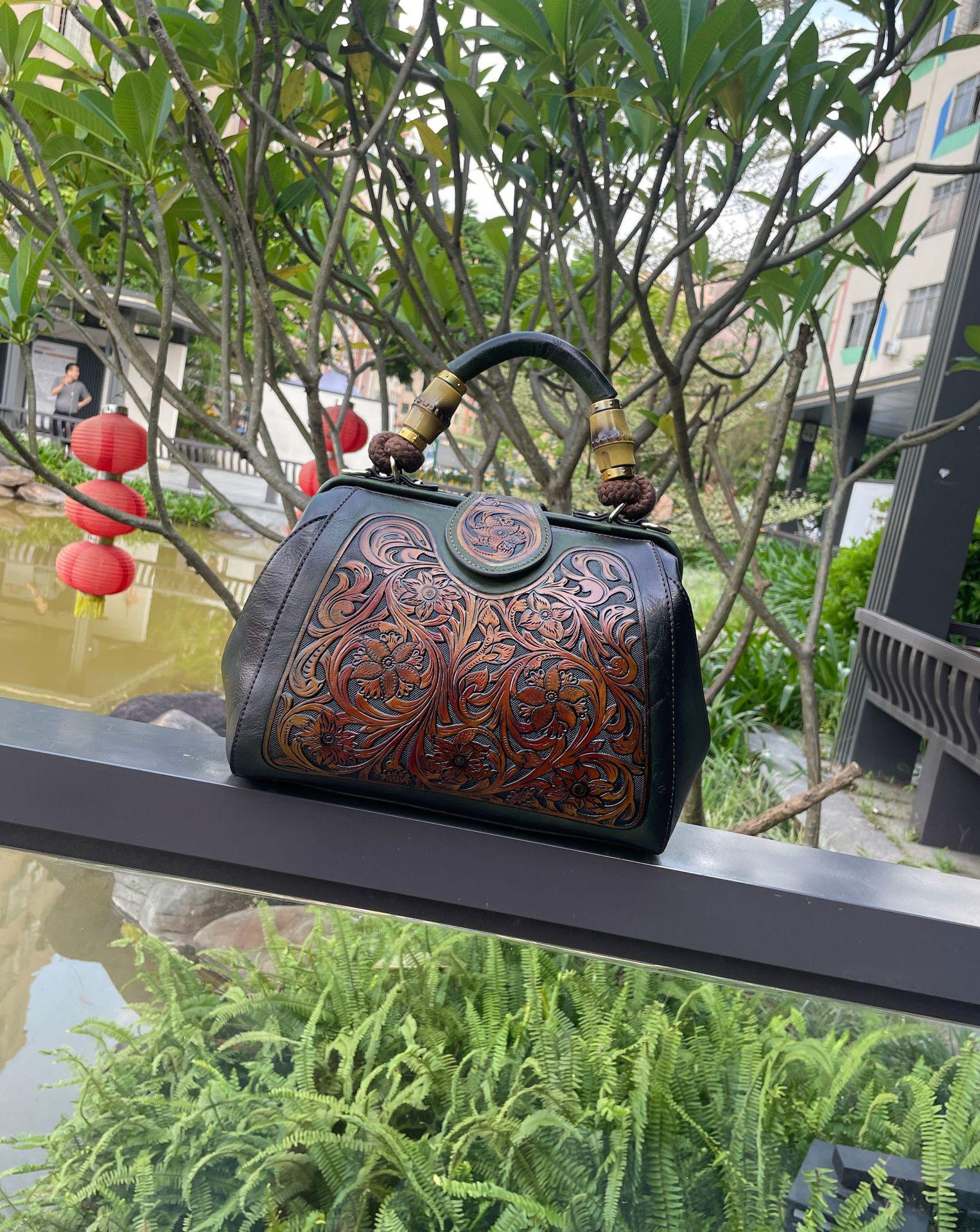 Johnature Luxury Handbag 2022 Autumn New Vintage Handmade Leather Carved Women Bag Versatile Female Shoulder &amp; Crossbody Bags - Executive-Skincare