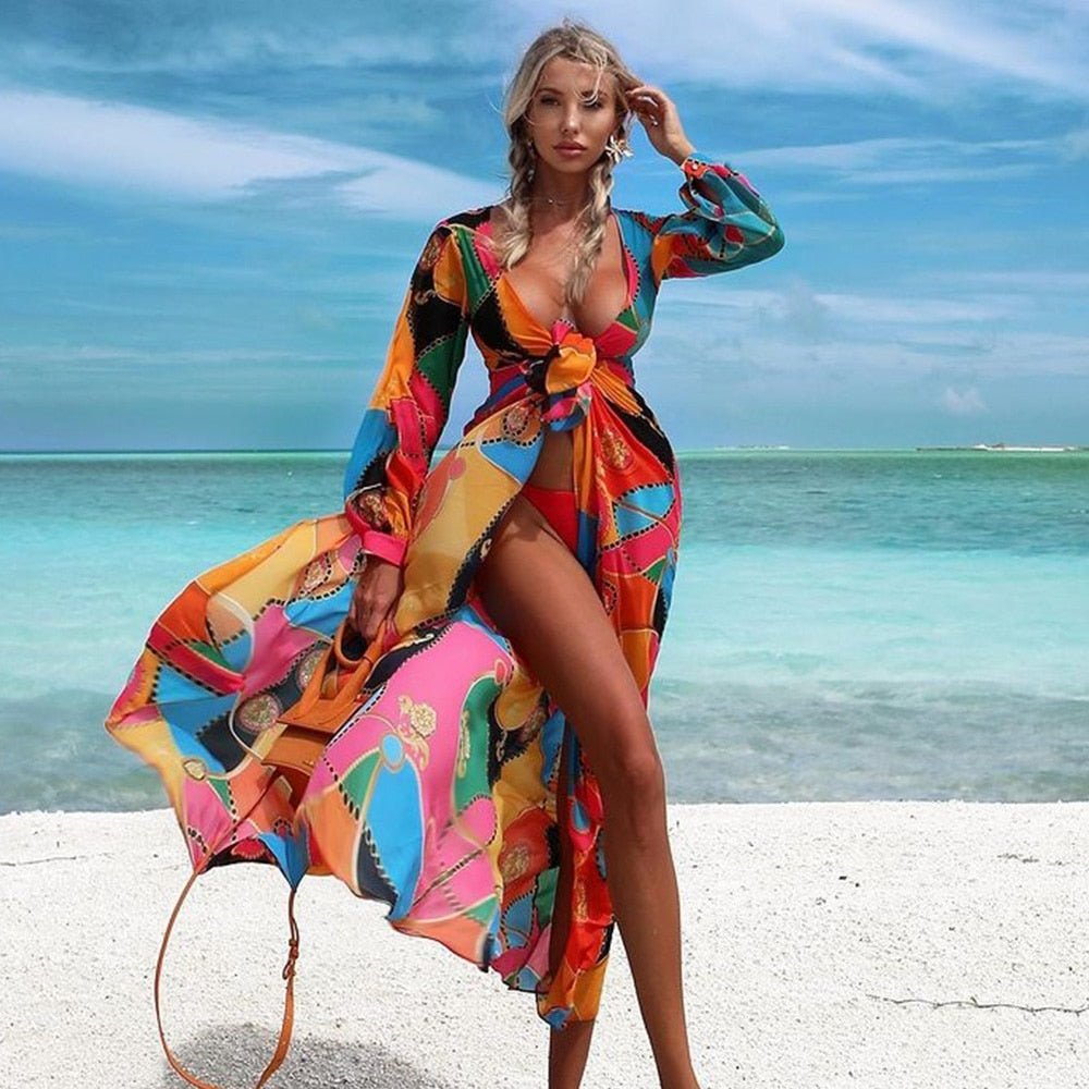 Leaves Print Bikini Beach Cover up Tunics for Beach Long Kaftan Bikini Cover up Robe de Plage Sarong Beach Swimsuit cover-ups - Executive-Skincare