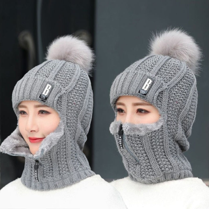 Women Wool Knitted Hat Ski Hat Sets Windproof Winter Outdoor Knit Thick Siamese Scarf Collar Warm Keep Face Warmer Beanies Hat - Executive-Skincare