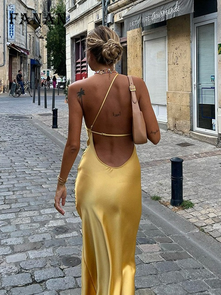 Sexy Backless Satin Maxi Dress for Women Fashion One Shoulder Slim Club Party Dresses 2022 Summer Elegant Chic Sleeveless Dress - Executive-Skincare