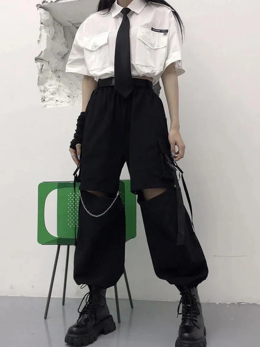 HOUZHOU Gothic Streetwear Women&#39;s Cargo Pants with Chain Punk Techwear Black Oversize Korean Fashion Wide Leg Trousers 2021 Alt - Executive Quality Store