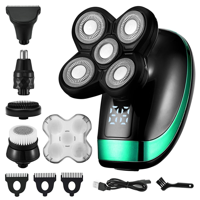 5 In 1 4D Men&#39;s Rechargeable Bald Head Electric Shaver 5 Floating Heads Beard Nose Ear Hair Trimmer Razor Clipper Facial Brush - Executive-Skincare