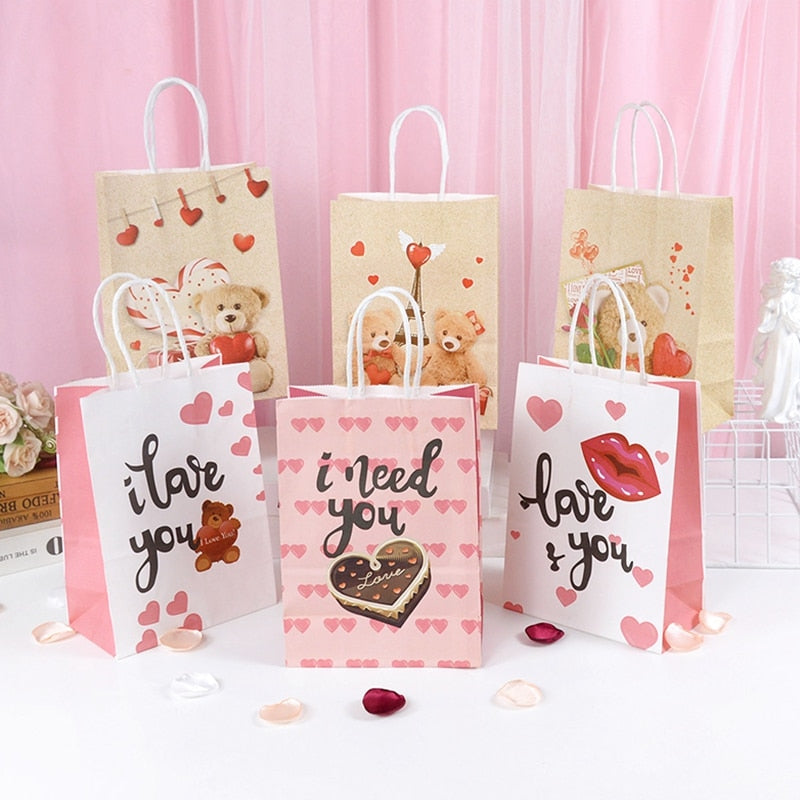 5pcs Love Heart Bear Kraft Paper Bags Valentines Day Gift Packaging Anniversary Wedding Cookie Candy Bag Birthday Party Supplies - Executive-Skincare