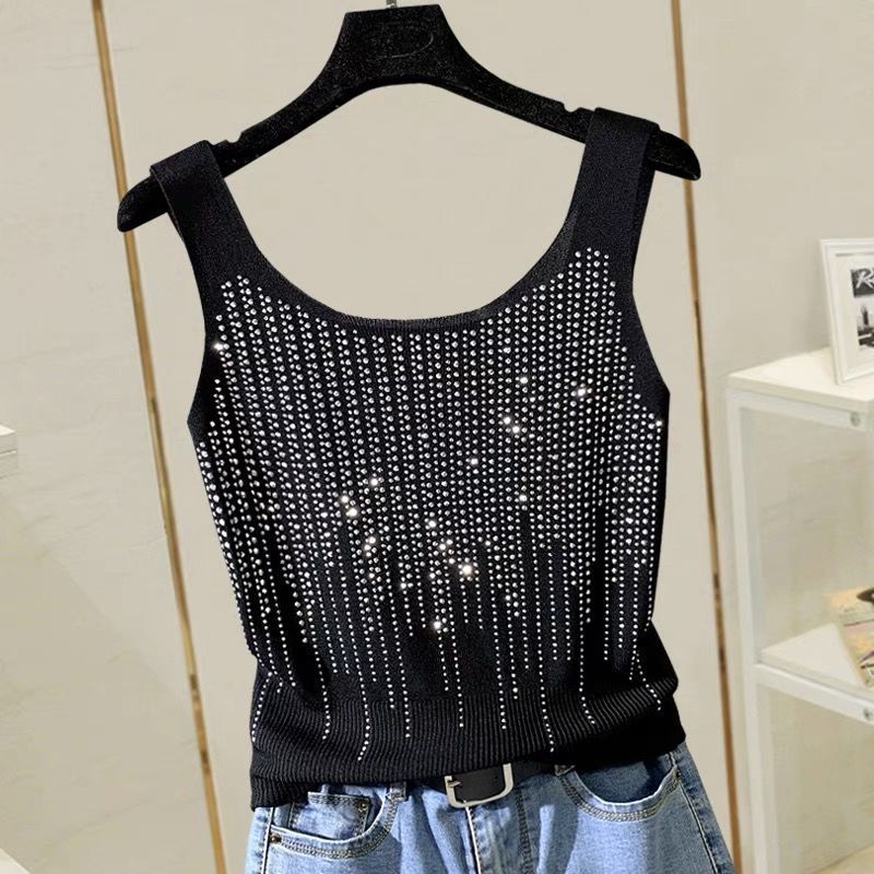 Small Women Summer Heavy Industry Hot Drill Vest Thin Ice Silk Knitted Bottomed Y2k Fashion Crop Tops Slim Mini Tank Tops - Executive-Skincare