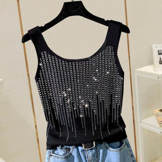 Small Women Summer Heavy Industry Hot Drill Vest Thin Ice Silk Knitted Bottomed Y2k Fashion Crop Tops Slim Mini Tank Tops - Executive-Skincare