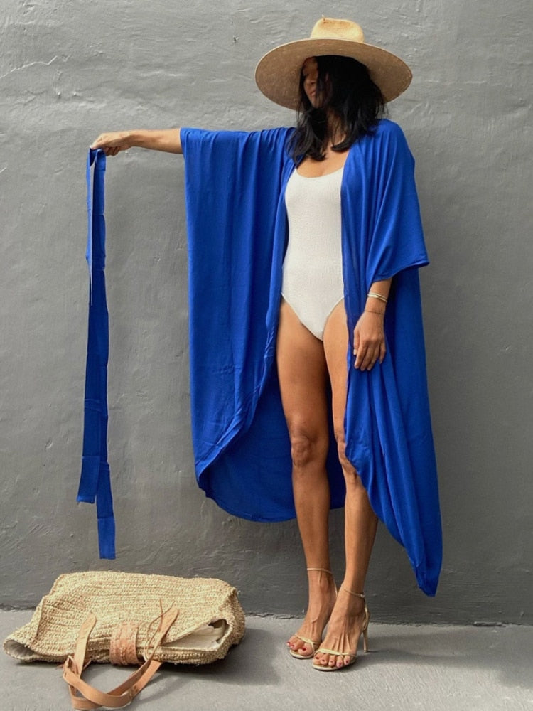 Beach Cover Up Kimono Women Summer 2022 New Pareo Swimsuit Cape Solid Bohemian Tunic Dresses Bathing Suits Dropshipping - Executive-Skincare